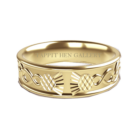 YELLOW GOLD CELTIC THISTLE INFINITY WEDDING RING