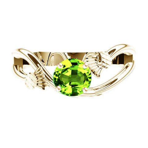 SCOTTISH THISTLE SWAY PERIDOT ENGAGEMENT RING IN YELLOW GOLD