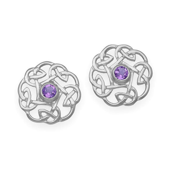 Celtic Knot work Amethyst Stud Earrings in Silver