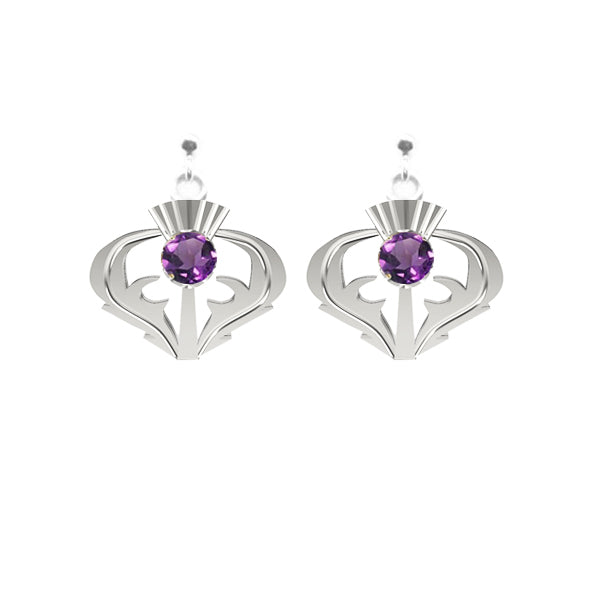 Amethyst Stud Drop Thistle Earrings in Sterling Silver