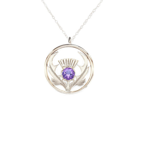 Round Scottish Thistle Necklace in Silver with Amethyst