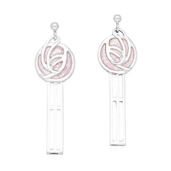 Rennie Mackintosh Pink Rose Rectangular Drop Earrings in Silver