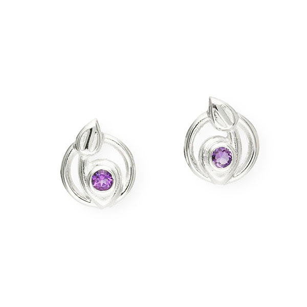 Rennie Mackintosh Round Amethyst Leaf Earrings in Silver