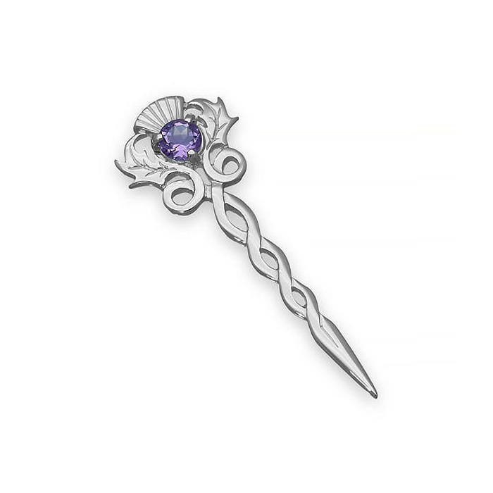 Scottish Amethyst Thistle Brooch Pin In Silver