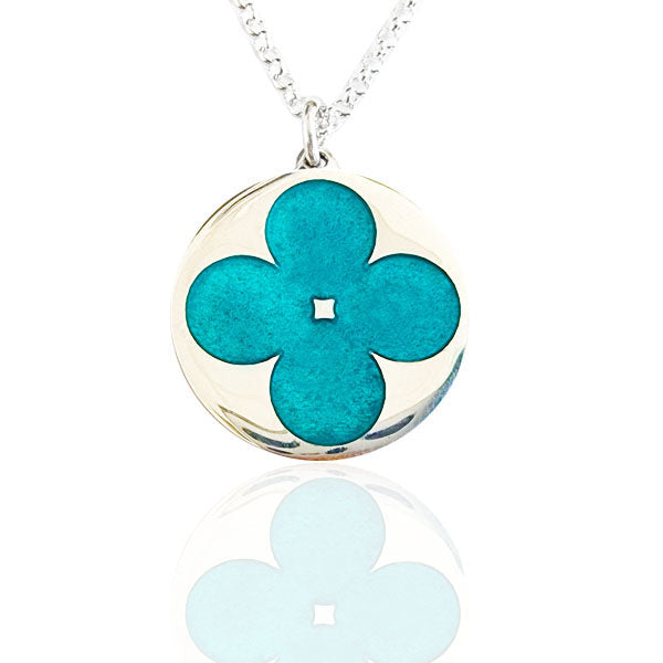 GREEN ENAMEL CARVED FLOWER NECKLACE IN STERLING SILVER