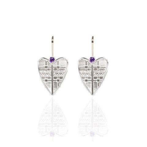 Tartan Solid Heart Drop Earrings with Amethyst in Silver
