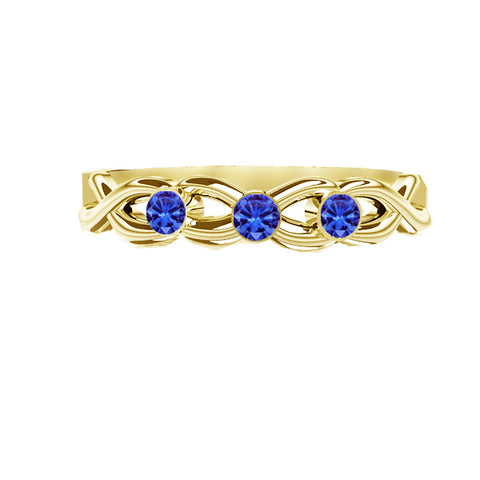 THREE BLUE SAPPHIRE CELTIC TWIST ENGAGEMENT RING IN 9CT YELLOW GOLD