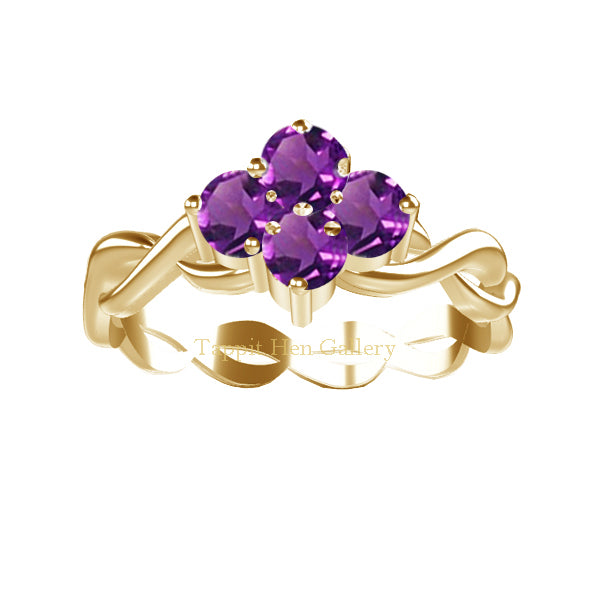 AMETHYST CLUSTER CELTIC TWIST ENGAGEMENT RING IN 9 CT YELLOW GOLD