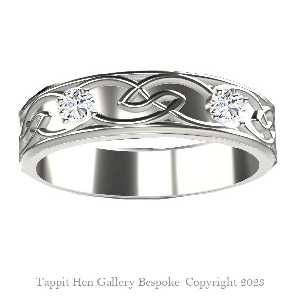 Edinburgh Celtic Wedding Ring with 2 Diamonds in 9ct White Gold