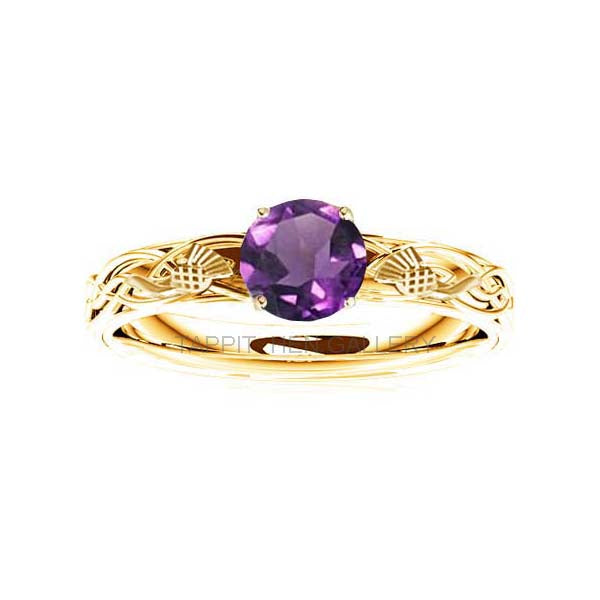 SCOTTISH THISTLE CELTIC FLOW AMETHYST ENGAGEMENT RING IN YELLOW GOLD