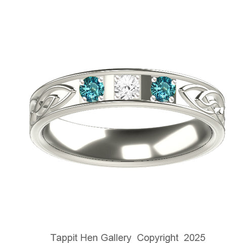 Celtic Flow Inset Wedding Ring in 18ct White Gold with Diamond and Montana Sapphire