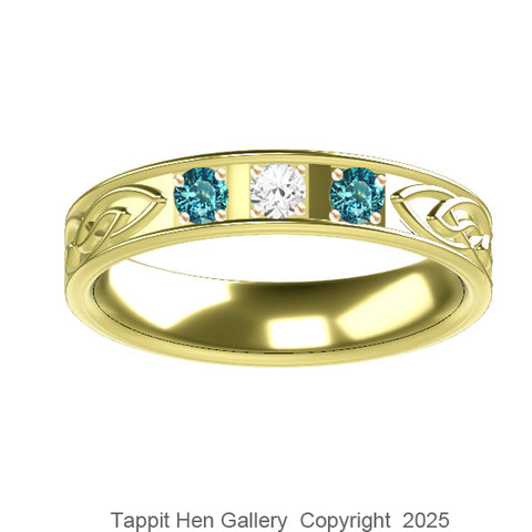 Celtic Flow Inset Wedding Ring in 18ct Yellow Gold with Diamond and Montana Sapphire