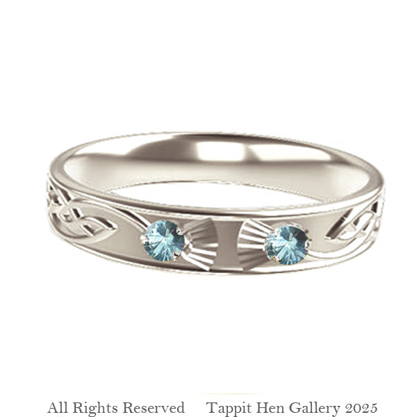 Celtic Thistle Flow Torque Wedding Ring in White Gold with Montana Sapphires