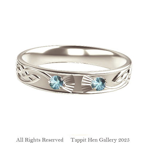 Celtic Thistle Flow Torque Wedding Ring in White Gold with Montana Sapphires