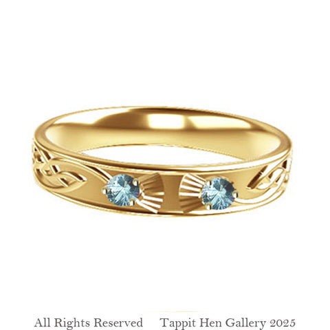 Celtic Thistle Flow Torque Wedding Ring in Yellow Gold with Montana Sapphires