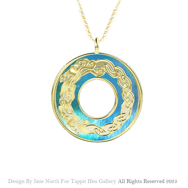 Edinburgh Waves Celtic Knot work Necklace in 9ct Yellow Gold with Ocean Blue Enamel