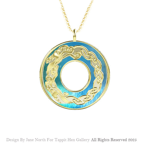 Edinburgh Waves Celtic Knot work Necklace in 9ct Yellow Gold with Ocean Blue Enamel