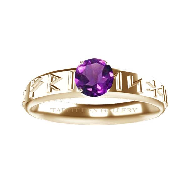 Runic Love, Luck and Royalty Ring with Amethyst in 9ct Yellow Gold