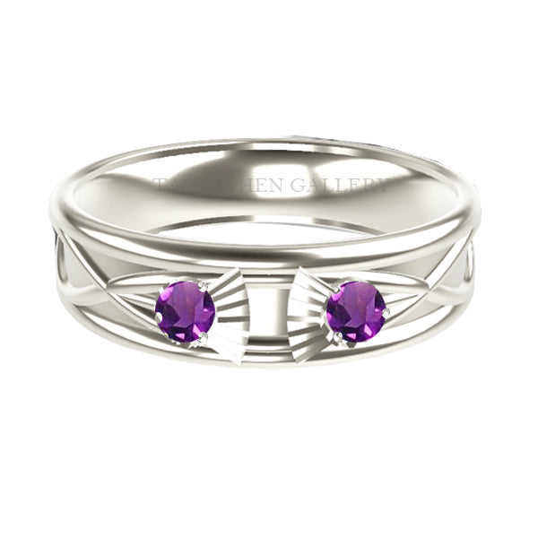 WIDE SCOTTISH THISTLE CELTIC 2 AMETHYST WEDDING RING IN COMFY FIT IN 9CT WHITE GOLD