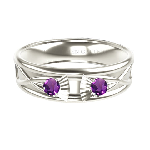 WIDE SCOTTISH THISTLE CELTIC 2 AMETHYST WEDDING RING IN COMFY FIT IN 9CT WHITE GOLD