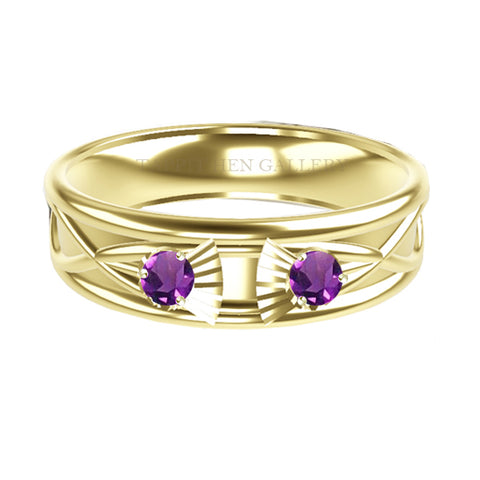WIDE SCOTTISH THISTLE CELTIC 2 AMETHYST WEDDING RING IN COMFY FIT IN 9CT YELLOW GOLD