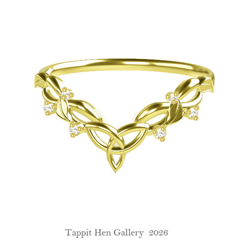 Trinity Knot Entwined Leaf Ring in 9ct Yellow Gold with Diamonds