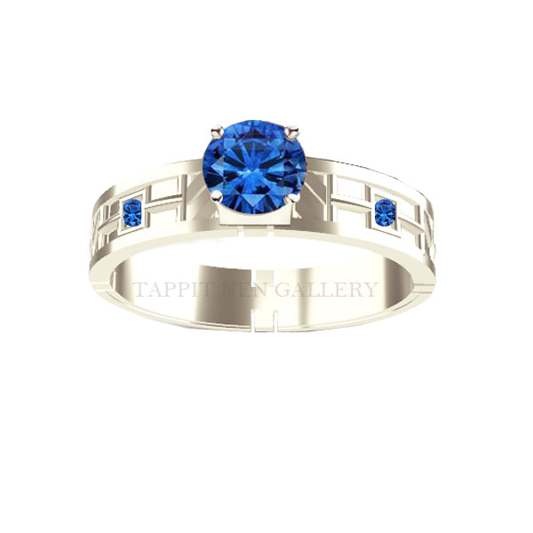 UNIQUE PAVE SAPPHIRE TARTAN ENGAGEMENT RING IN WHITE GOLD