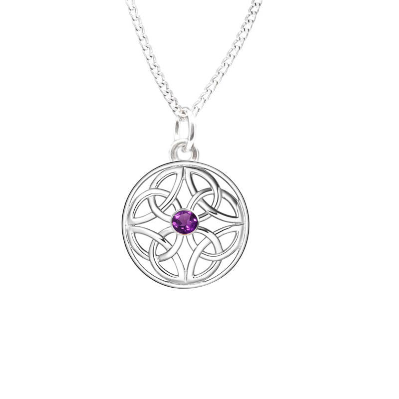 Four Trinity Amethyst Celtic Knot Eternal Round Pendant in silver
