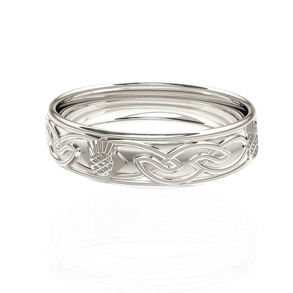 Celtic Flow Scottish Thistle Wedding Ring in White Gold