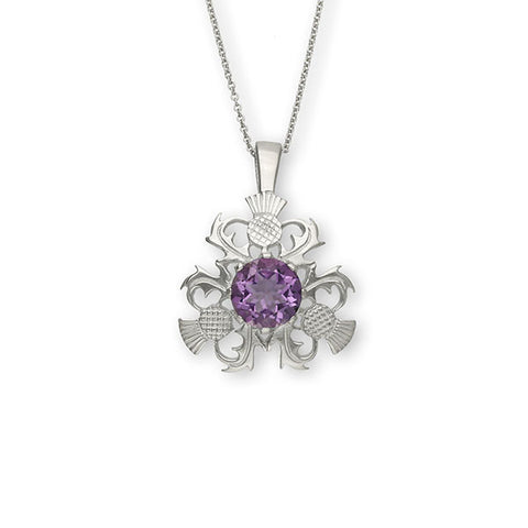 Scottish Tri Thistle Pendant in Sterling Silver with Amethyst