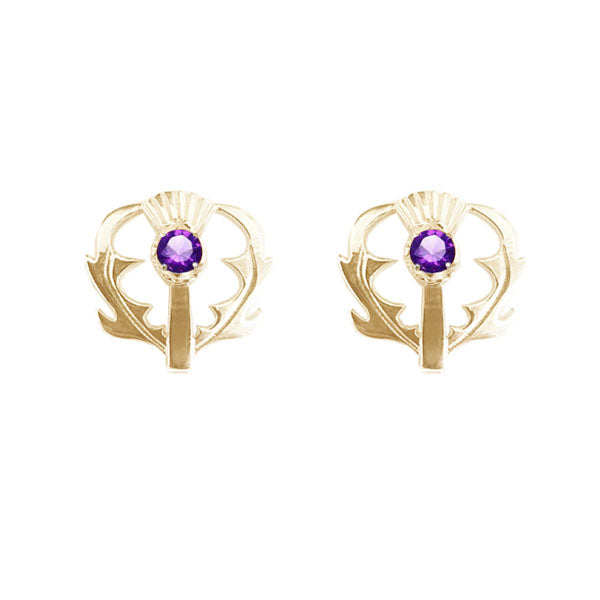 SCOTTISH THISTLE STUD EARRINGS WITH AMETHYST IN YELLOW GOLD