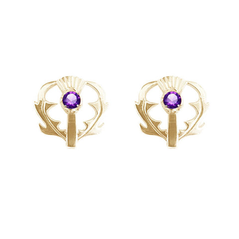 SCOTTISH THISTLE STUD EARRINGS WITH AMETHYST IN YELLOW GOLD