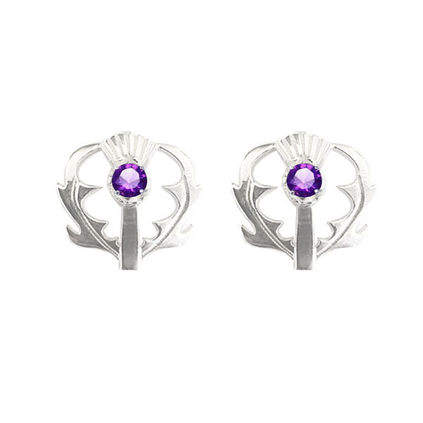 SCOTTISH THISTLE STUD EARRINGS WITH AMETHYST IN SILVER