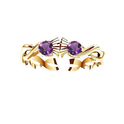 SCOTTISH THISTLE KISS OPEN CELTIC RING WITH AMETHYST