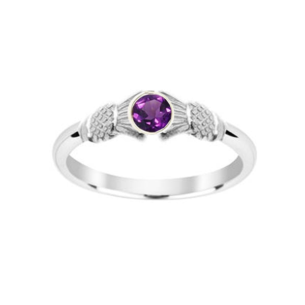TRADITIONAL EDINBURGH SCOTTISH THISTLE TORQUE RING WITH TUBE SET AMETHYST IN YELLOW GOLD