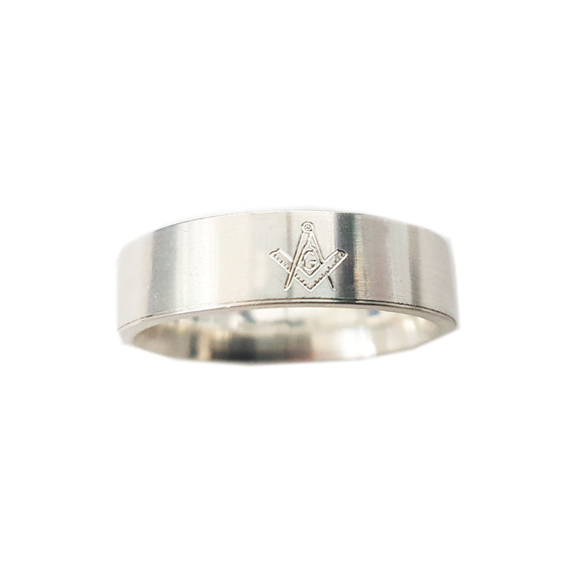 Engraved Masonic Flat Band Ring in Silver