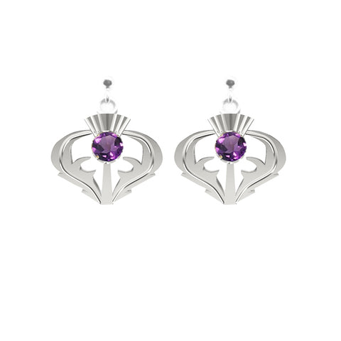 Amethyst Stud Drop Thistle Earrings in Sterling Silver