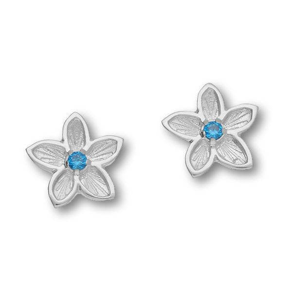 Blue Cubic Zirconia Flower Stud Earrings In Silver