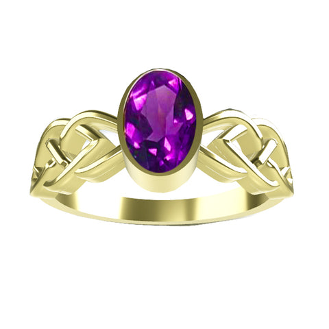 CELTIC KNOTWORK AMETHYST RING IN 9ct YELLOW GOLD