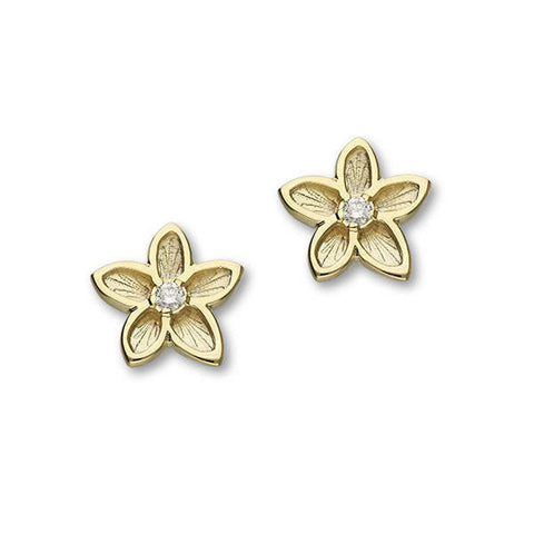 Gold Flower Stud Earrings with White Diamond