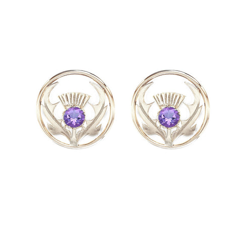 Round Scottish Thistle Stud Earrings in Silver with Amethyst