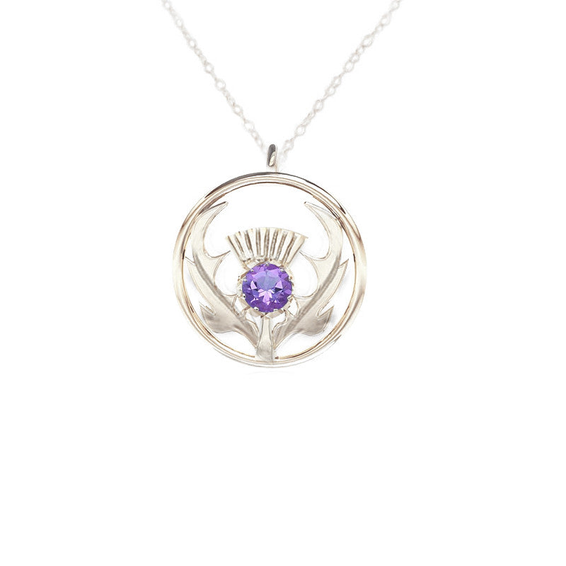 Round Scottish Gold Thistle Necklace in Gold with Amethyst