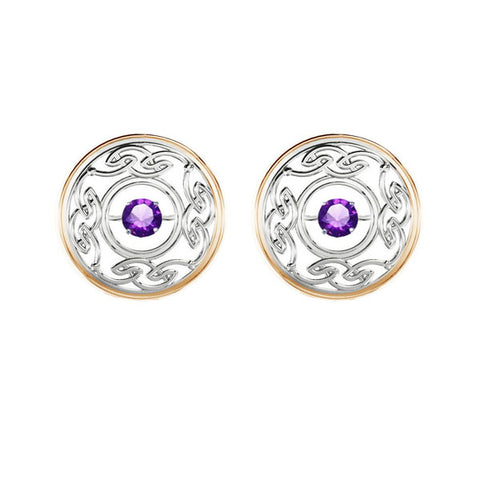 OPEN CELTIC STUD EARRINGS IN YELLOW GOLD AND SILVER WITH AMETHYST