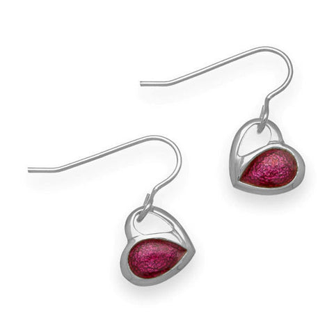 Passion Pink Enamelled Heart Drop Earrings In Silver