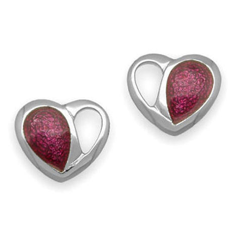 Passion Pink Enamelled Heart Stud Earrings In Silver