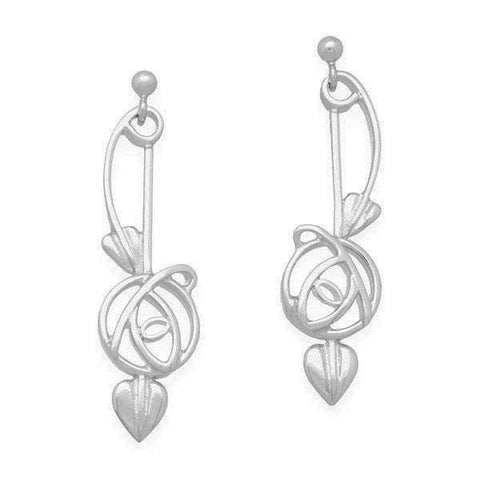 Rennie Mackintosh Classic Rose Leaf Drop Earrings in Silver