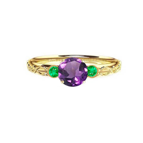 SCOTTISH INFINITY CELTIC ENGAGEMENT RING WITH AMETHYST AND EMERALD