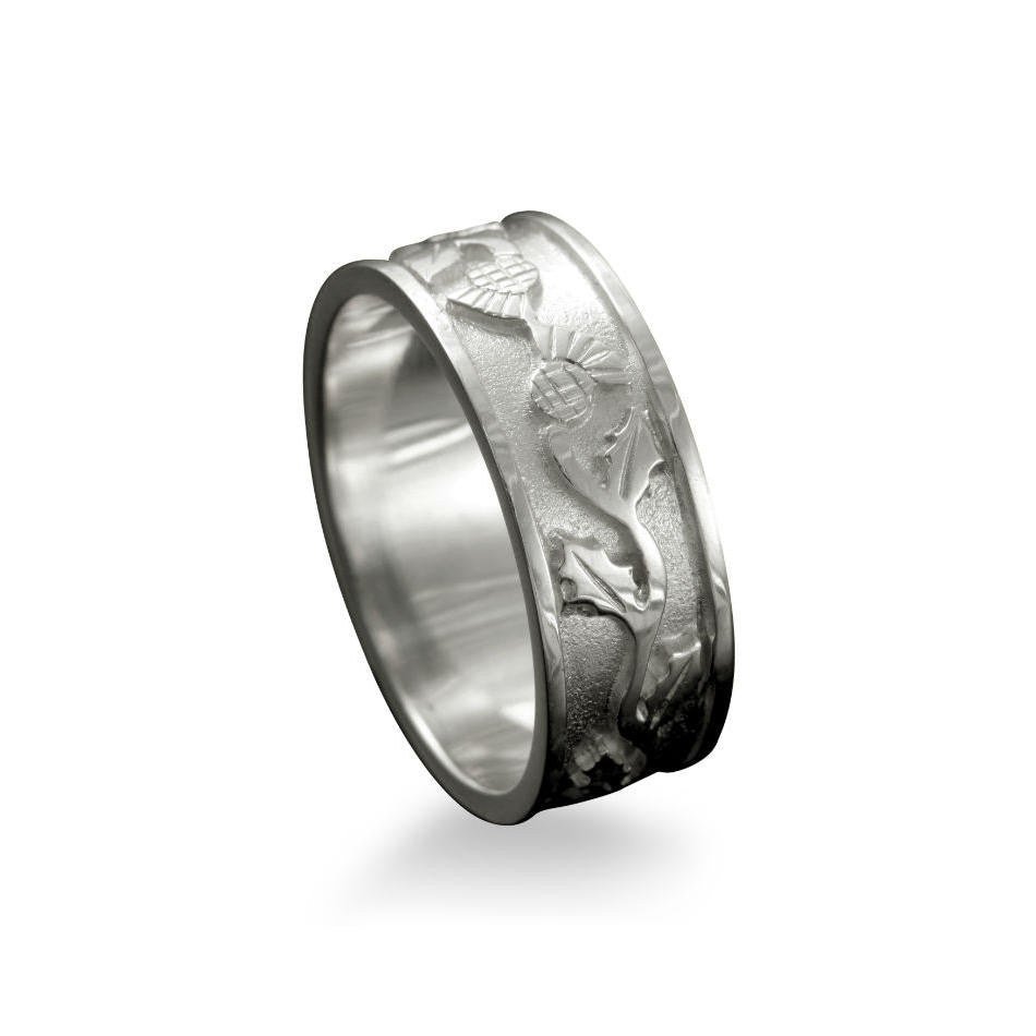 Scottish Thistle Ring with Entwined Motif White Gold