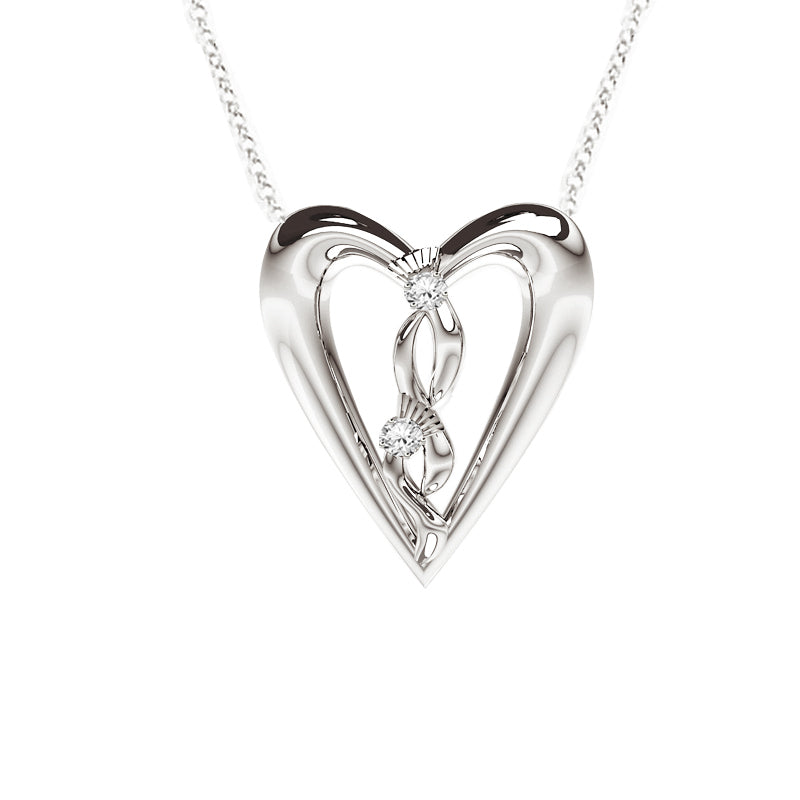 Edinburgh Celtic Diamond Thistle Heart Necklace in White Gold